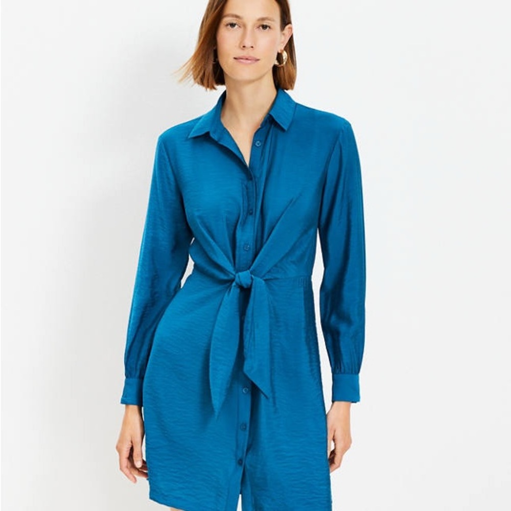 LOFT Grotto Teal Dahlia Tie Front Button Up Mini Shirtdress